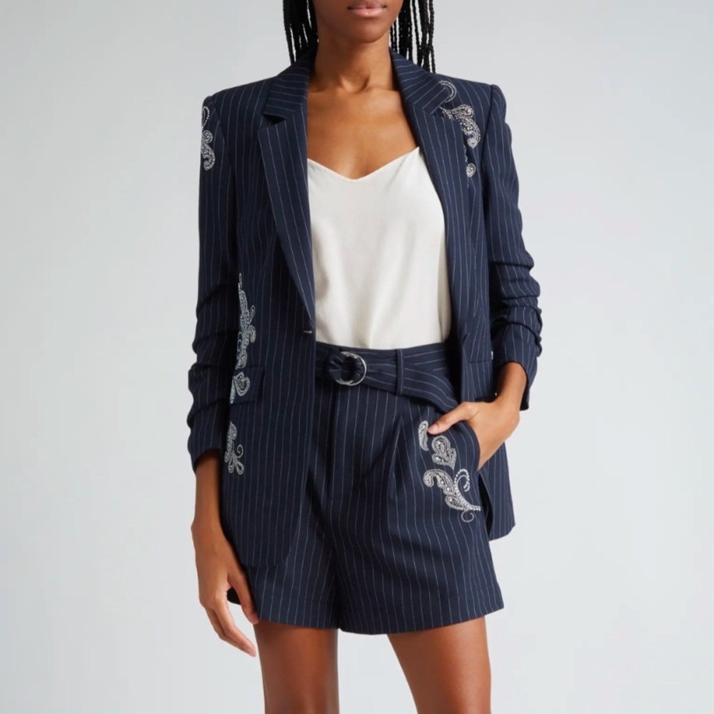 Cinq à Sept Rebecca Beaded Paisley Detail Pinstripe Shorts